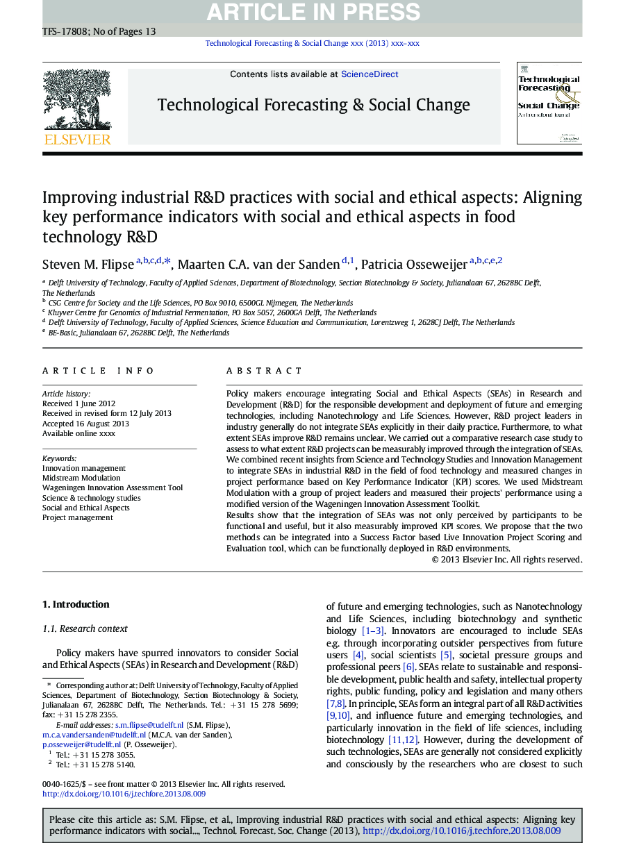 Improving industrial R&D practices with social and ethical aspects: Aligning key performance indicators with social and ethical aspects in food technology R&D