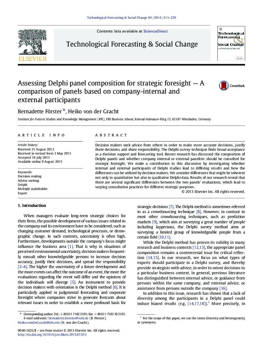 Assessing Delphi panel composition for strategic foresight - A comparison of panels based on company-internal and external participants