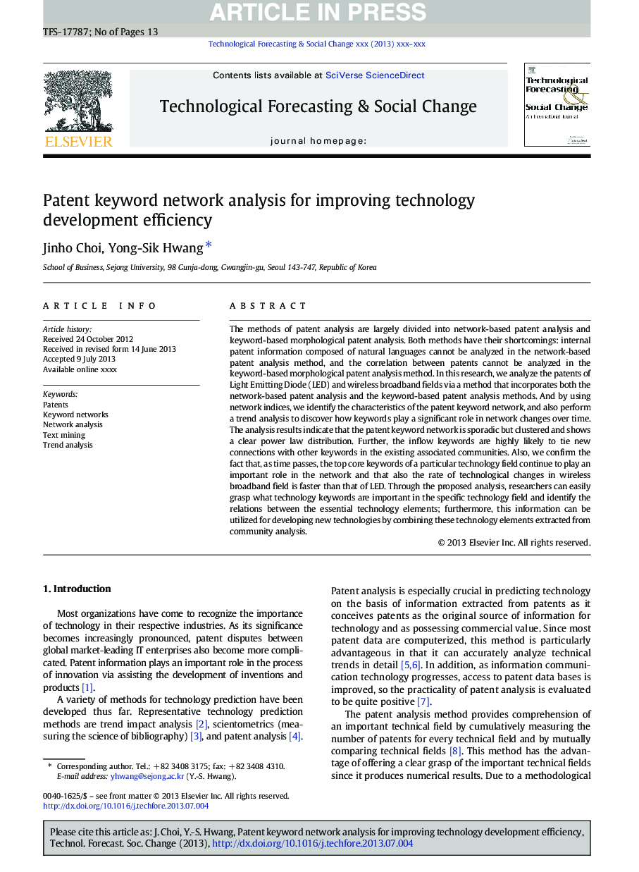 Patent keyword network analysis for improving technology development efficiency