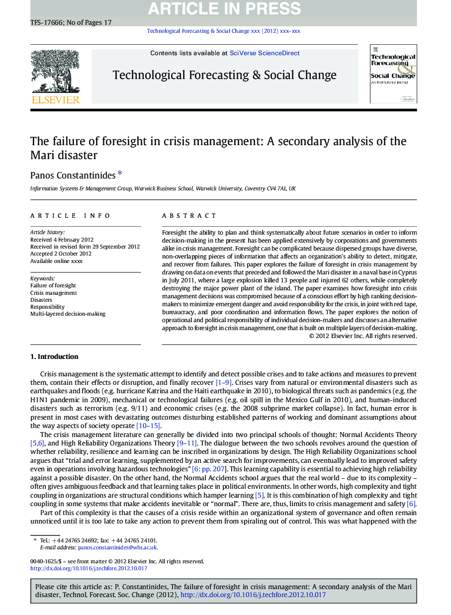 The failure of foresight in crisis management: A secondary analysis of the Mari disaster