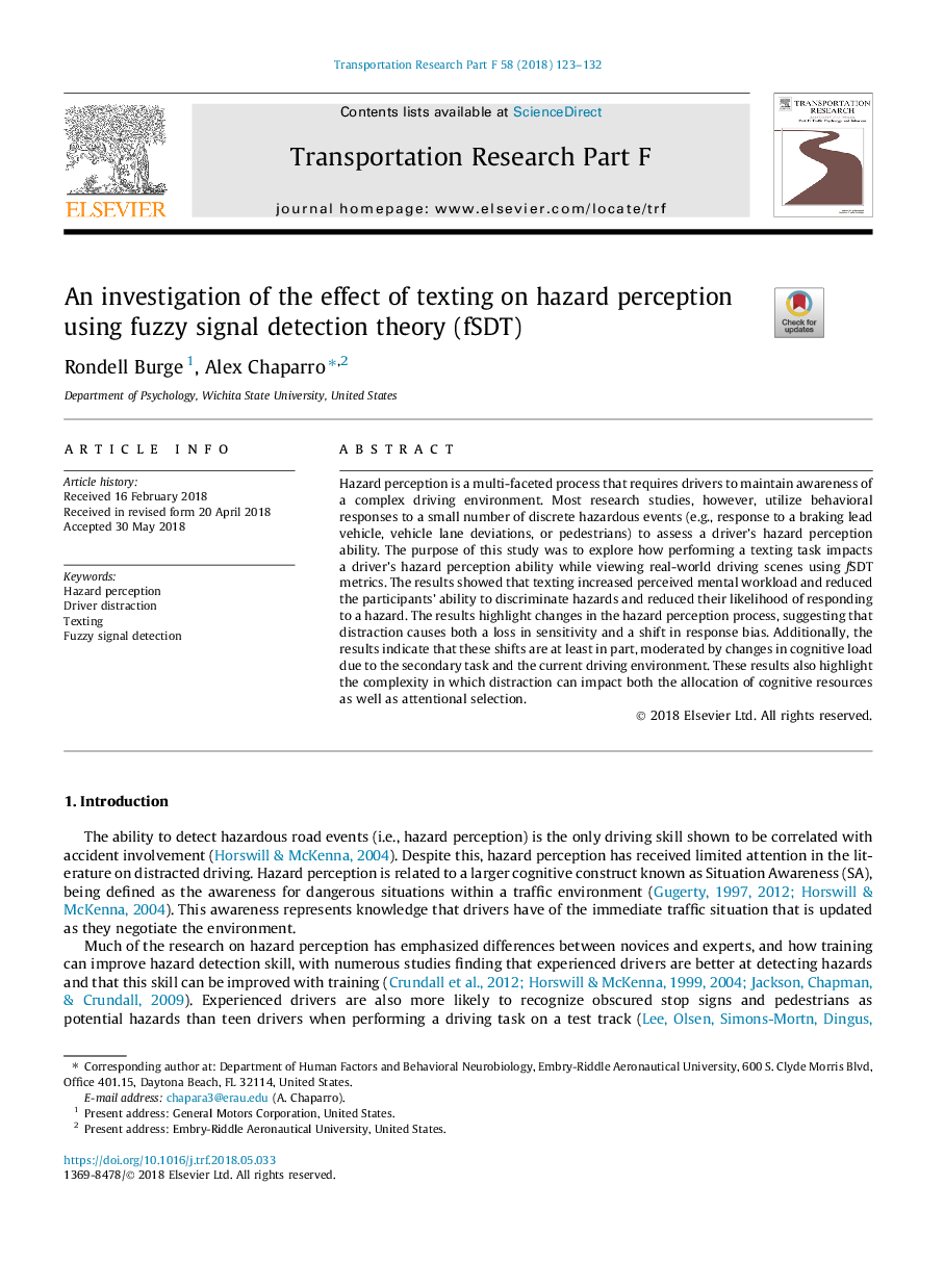 An investigation of the effect of texting on hazard perception using fuzzy signal detection theory (fSDT)