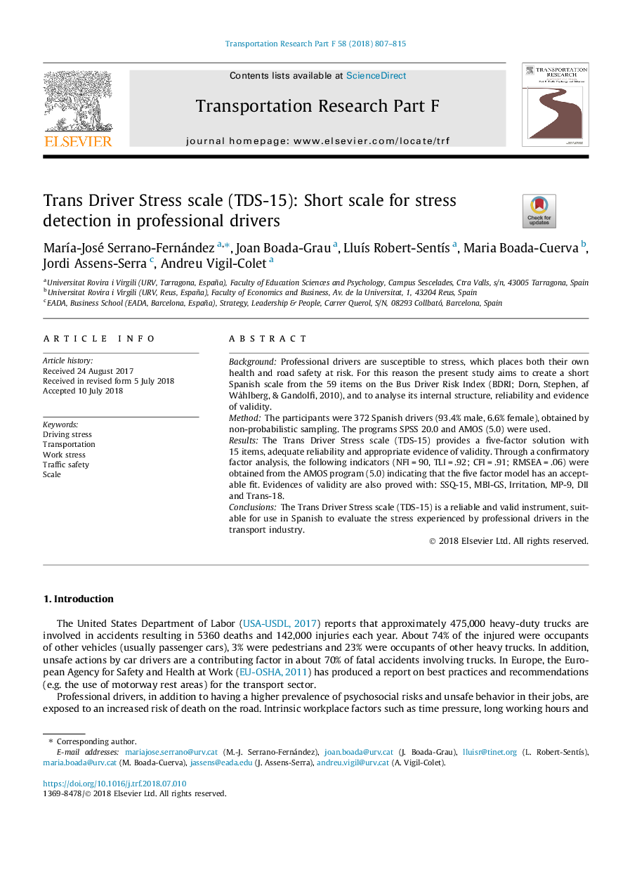 Trans Driver Stress scale (TDS-15): Short scale for stress detection in professional drivers