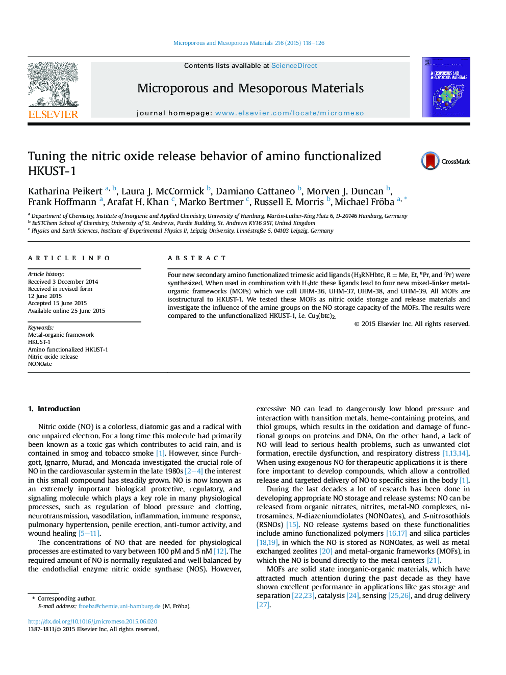 Tuning the nitric oxide release behavior of amino functionalized HKUST-1