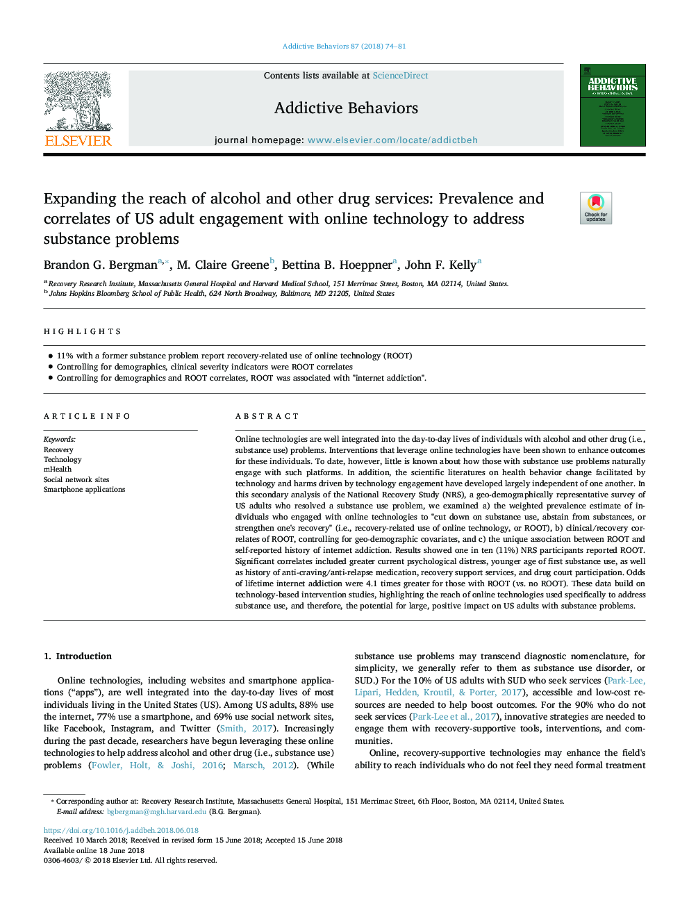 Expanding the reach of alcohol and other drug services: Prevalence and correlates of US adult engagement with online technology to address substance problems