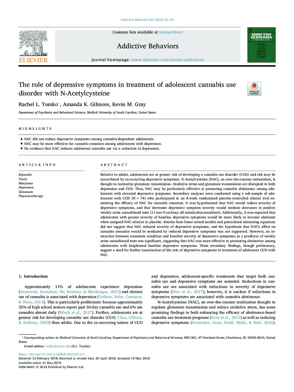 The role of depressive symptoms in treatment of adolescent cannabis use disorder with N-Acetylcysteine