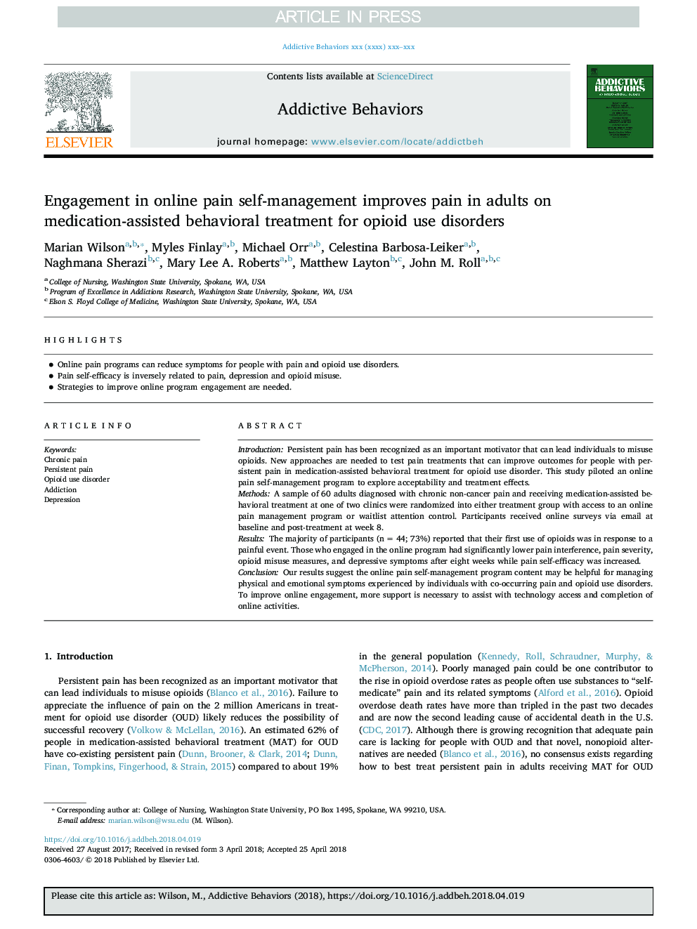 Engagement in online pain self-management improves pain in adults on medication-assisted behavioral treatment for opioid use disorders