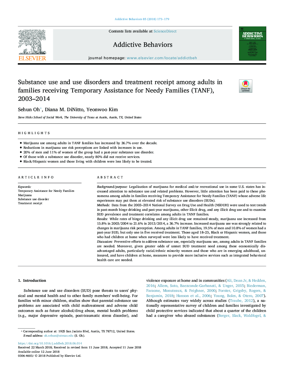 Substance use and use disorders and treatment receipt among adults in families receiving Temporary Assistance for Needy Families (TANF), 2003-2014