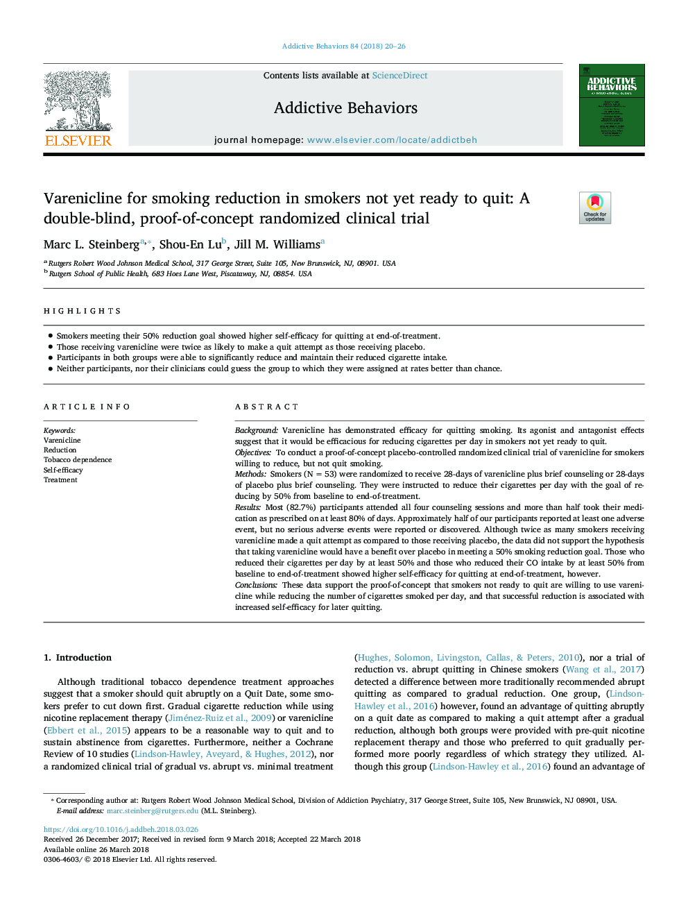 Varenicline for smoking reduction in smokers not yet ready to quit: A double-blind, proof-of-concept randomized clinical trial