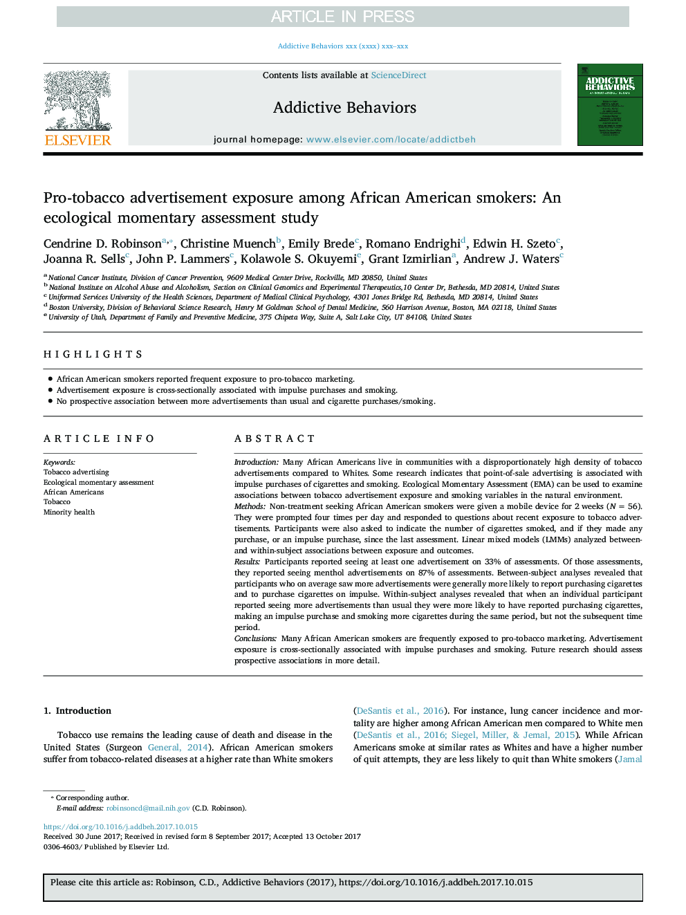 Pro-tobacco advertisement exposure among African American smokers: An ecological momentary assessment study