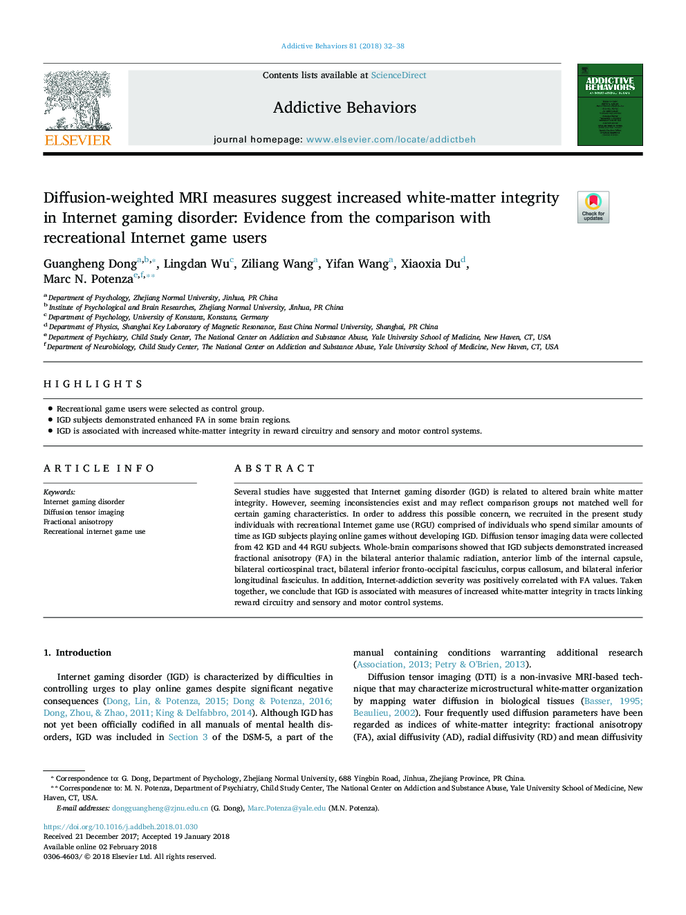 Diffusion-weighted MRI measures suggest increased white-matter integrity in Internet gaming disorder: Evidence from the comparison with recreational Internet game users