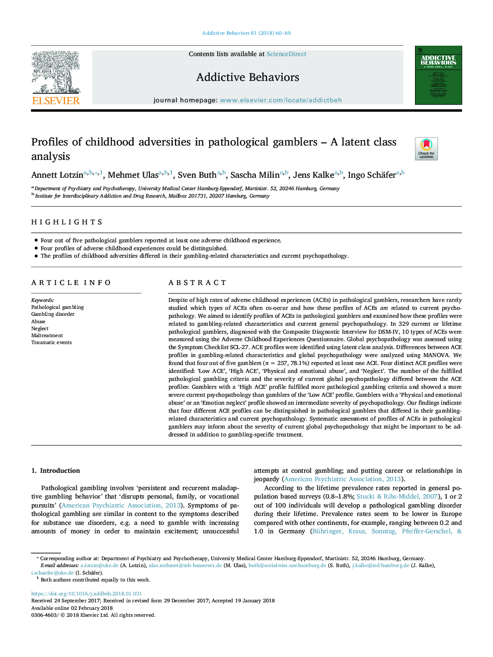 Profiles of childhood adversities in pathological gamblers - A latent class analysis