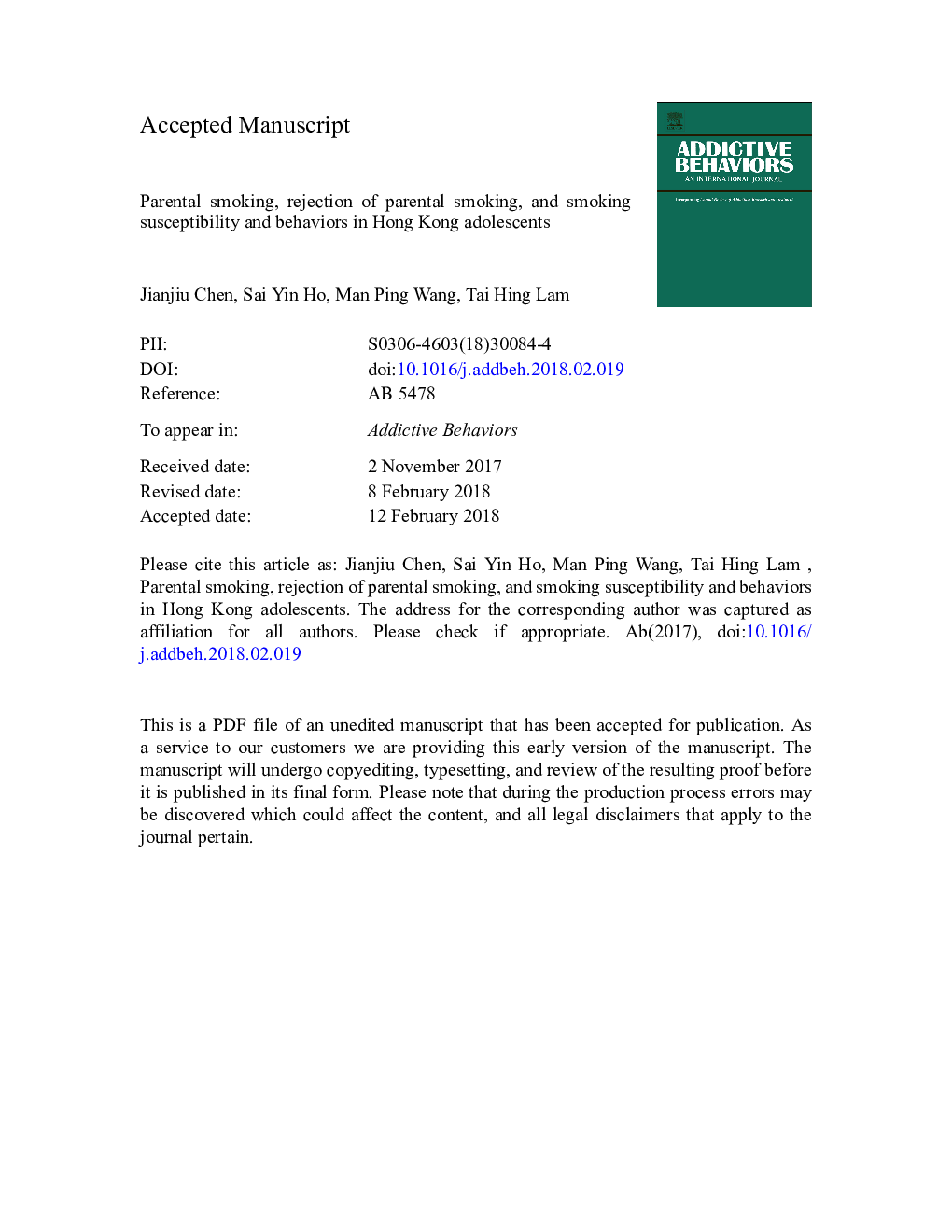 Parental smoking, rejection of parental smoking, and smoking susceptibility and behaviors in Hong Kong adolescents