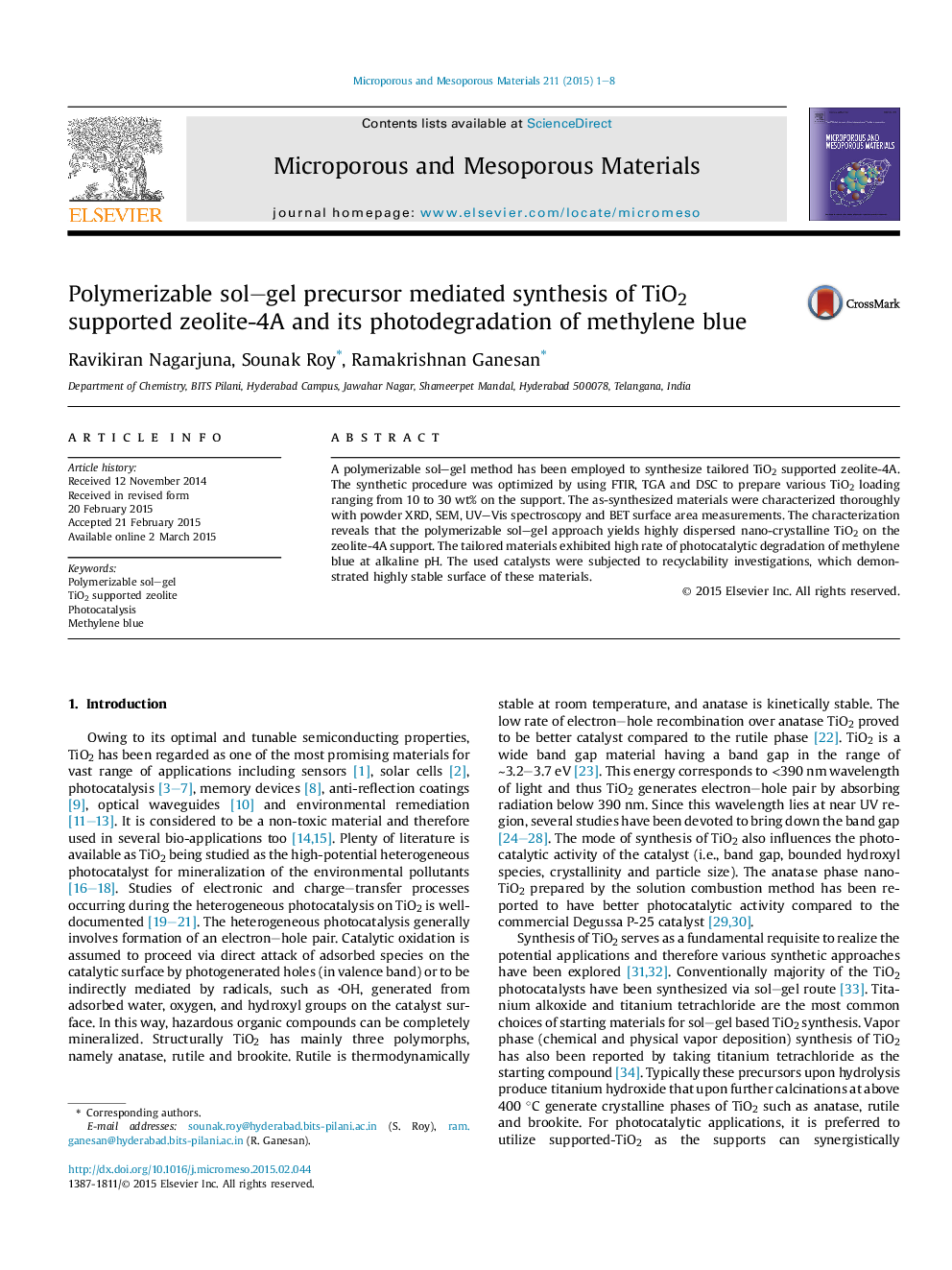 Polymerizable sol–gel precursor mediated synthesis of TiO2 supported zeolite-4A and its photodegradation of methylene blue