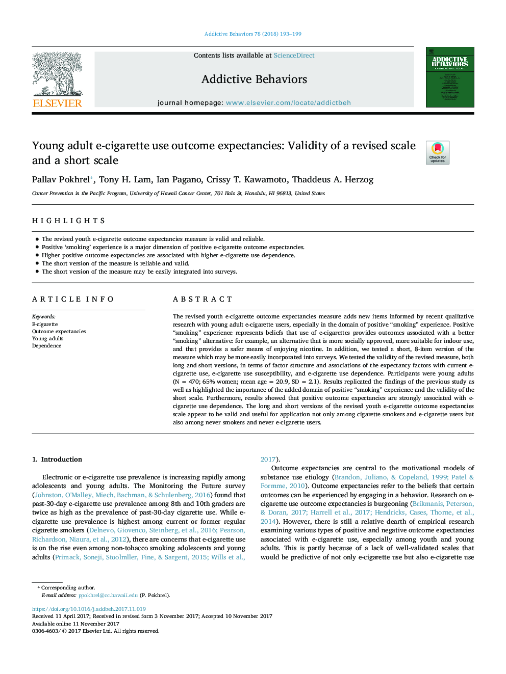 Young adult e-cigarette use outcome expectancies: Validity of a revised scale and a short scale