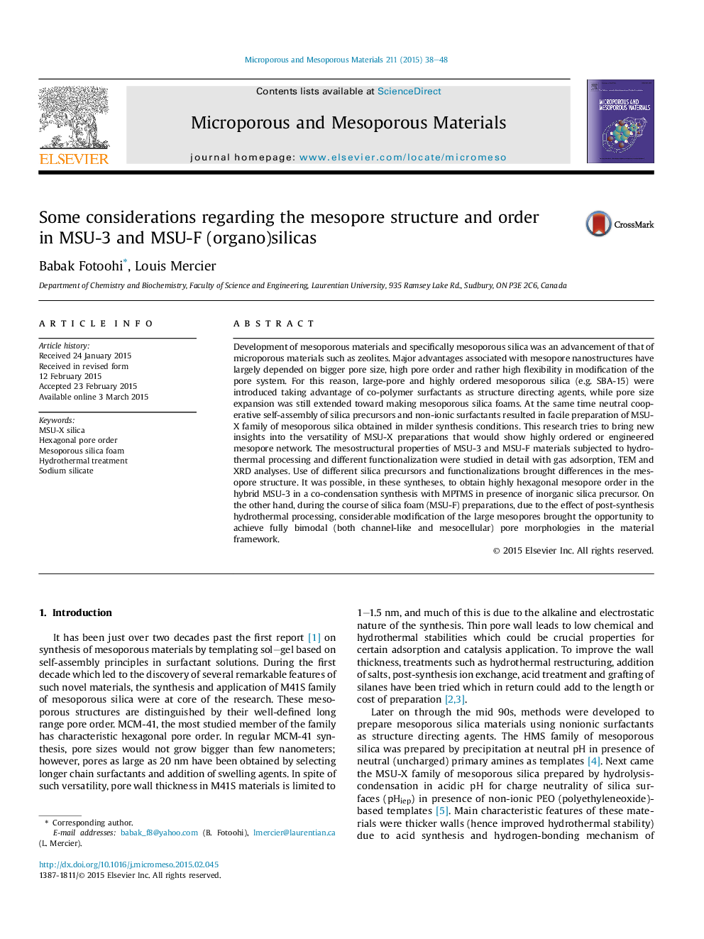 Some considerations regarding the mesopore structure and order in MSU-3 and MSU-F (organo)silicas