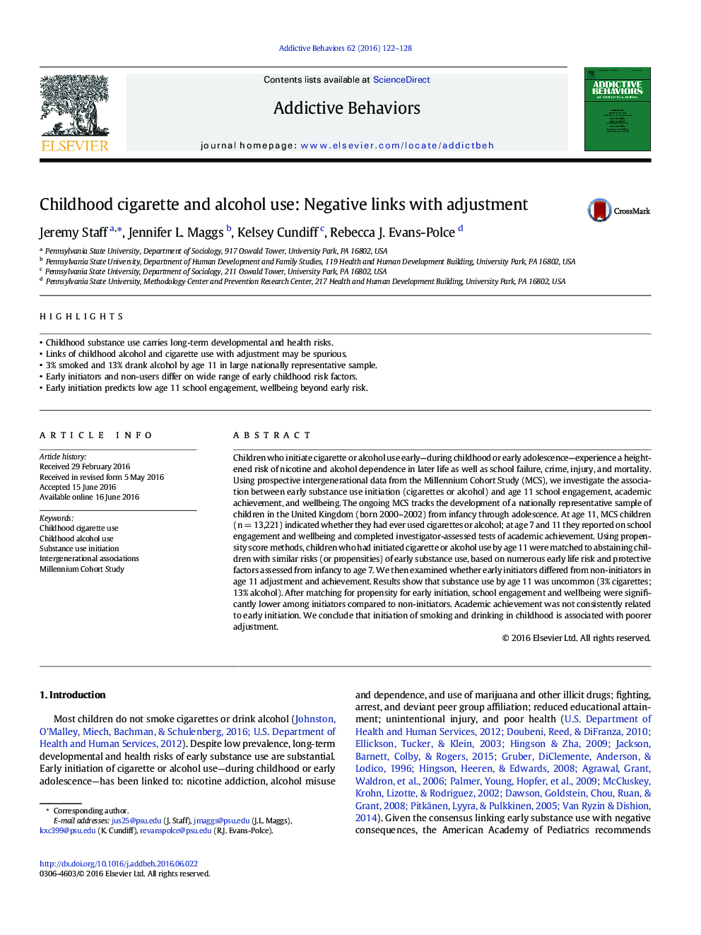 Childhood cigarette and alcohol use: Negative links with adjustment