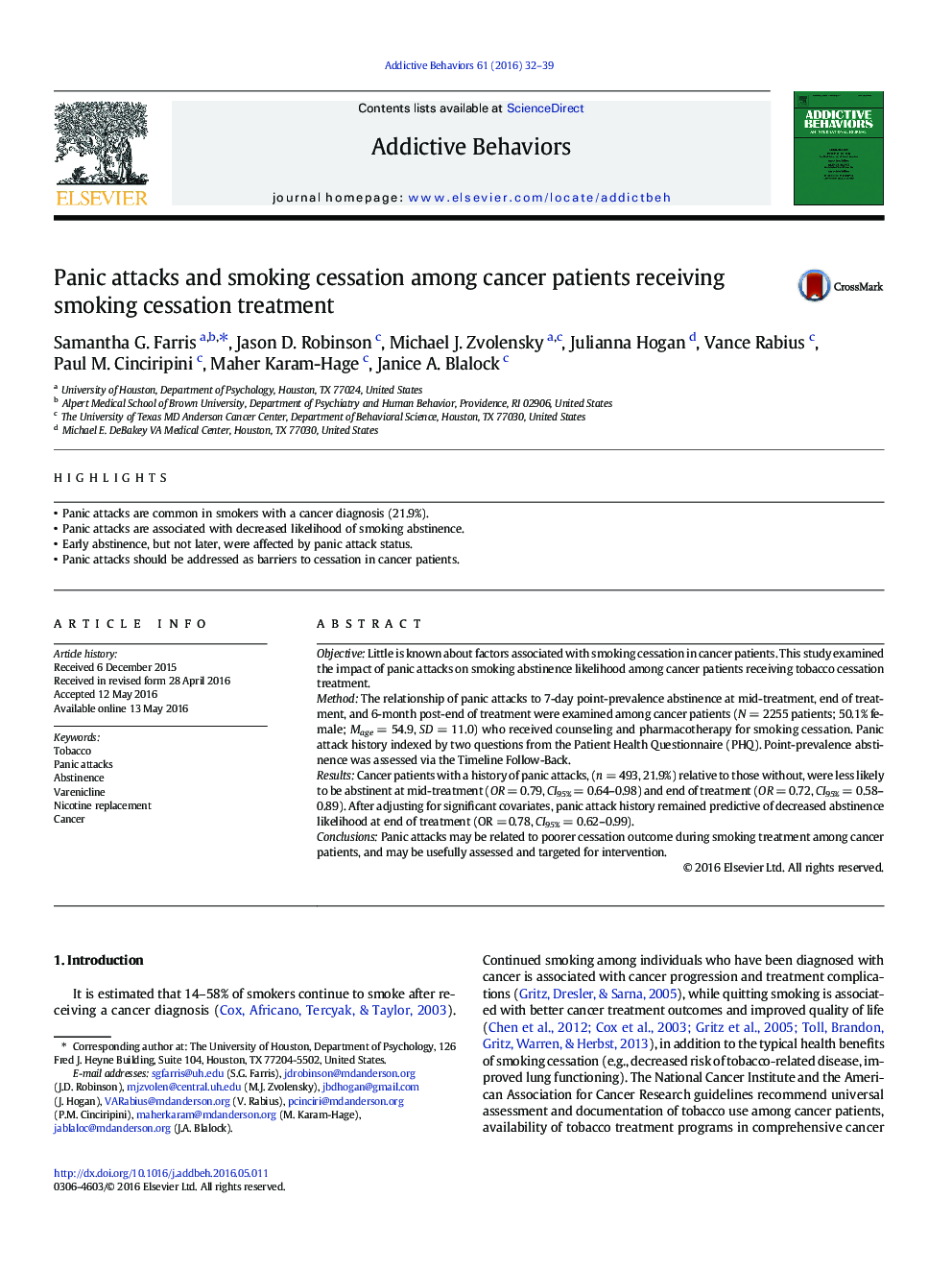 Panic attacks and smoking cessation among cancer patients receiving smoking cessation treatment