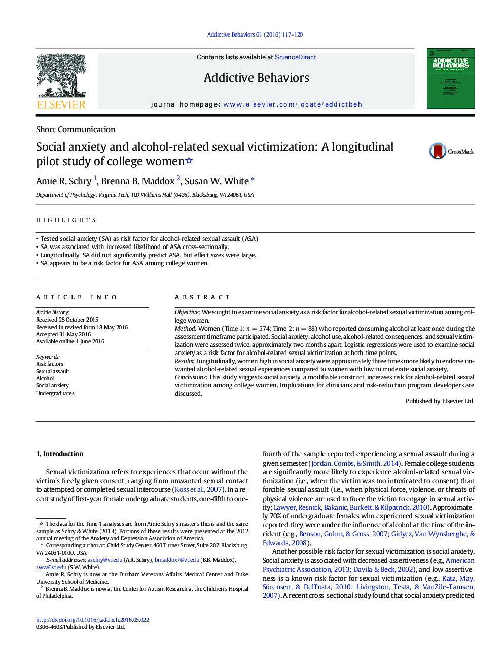 Social anxiety and alcohol-related sexual victimization: A longitudinal pilot study of college women