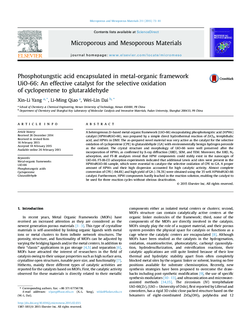 Phosphotungstic acid encapsulated in metal-organic framework UiO-66: An effective catalyst for the selective oxidation of cyclopentene to glutaraldehyde