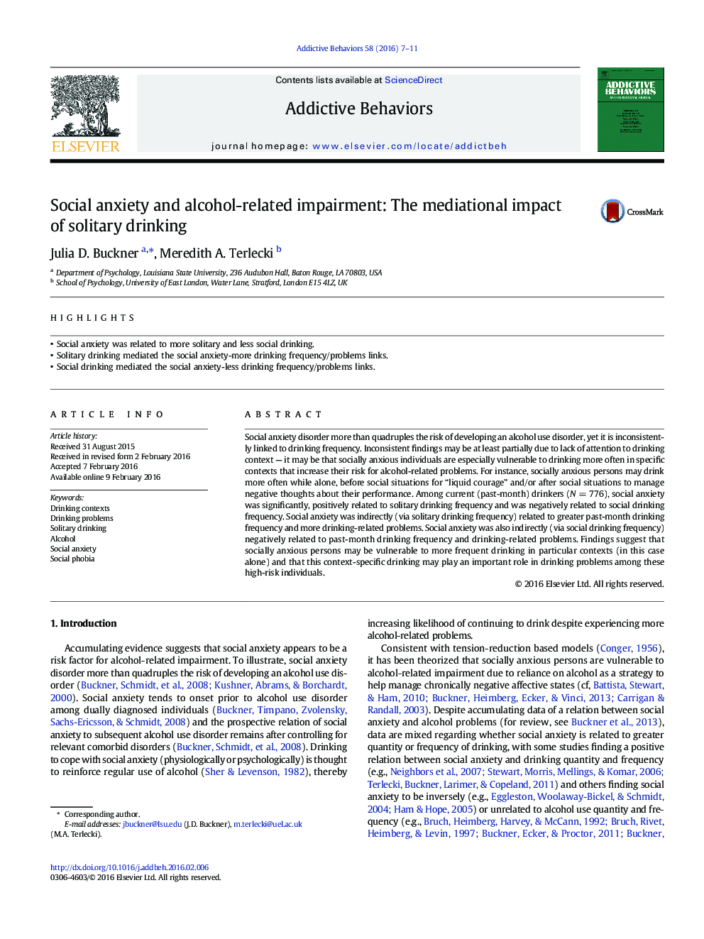 Social anxiety and alcohol-related impairment: The mediational impact of solitary drinking