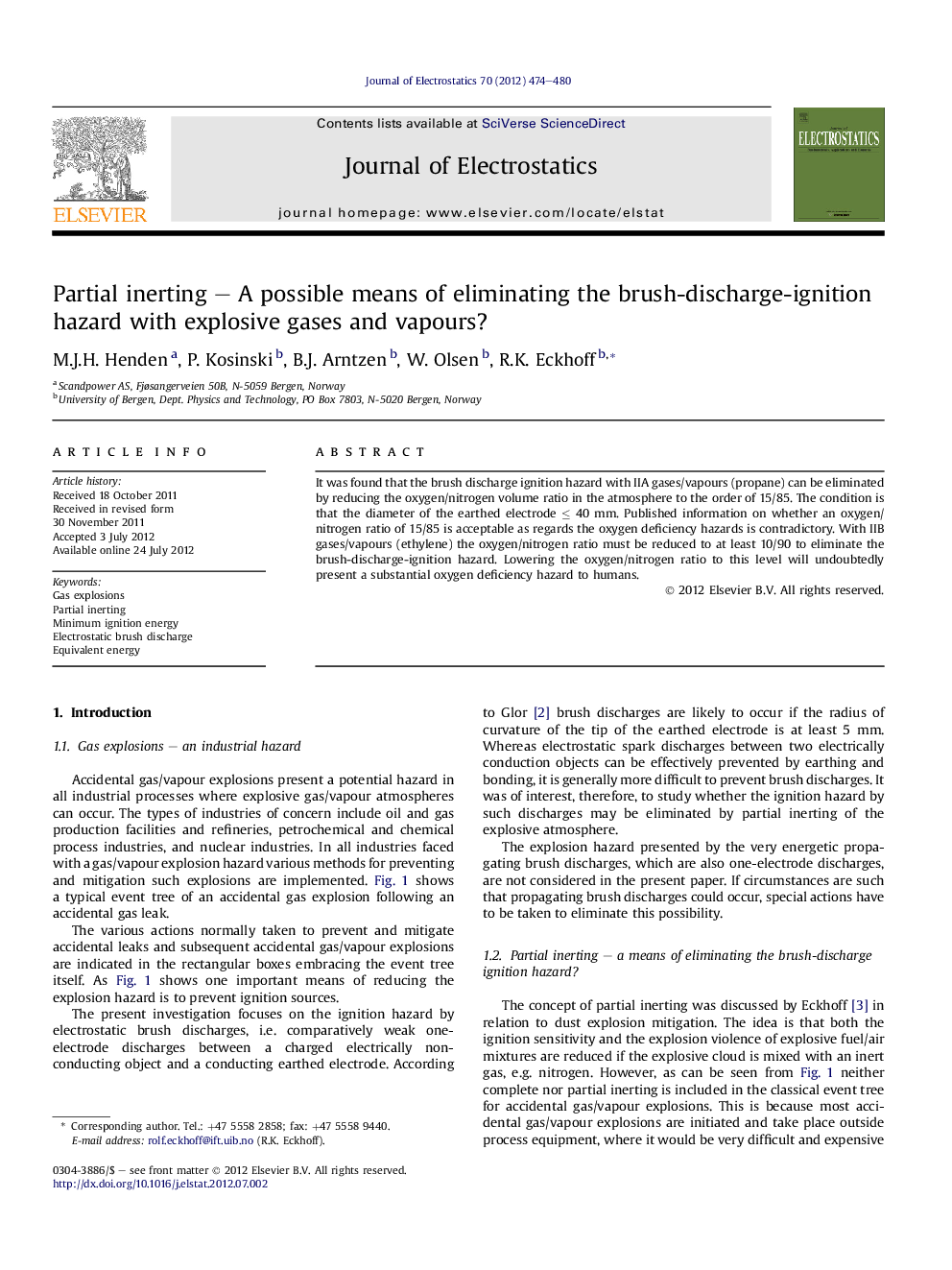 Partial inerting – A possible means of eliminating the brush-discharge-ignition hazard with explosive gases and vapours?