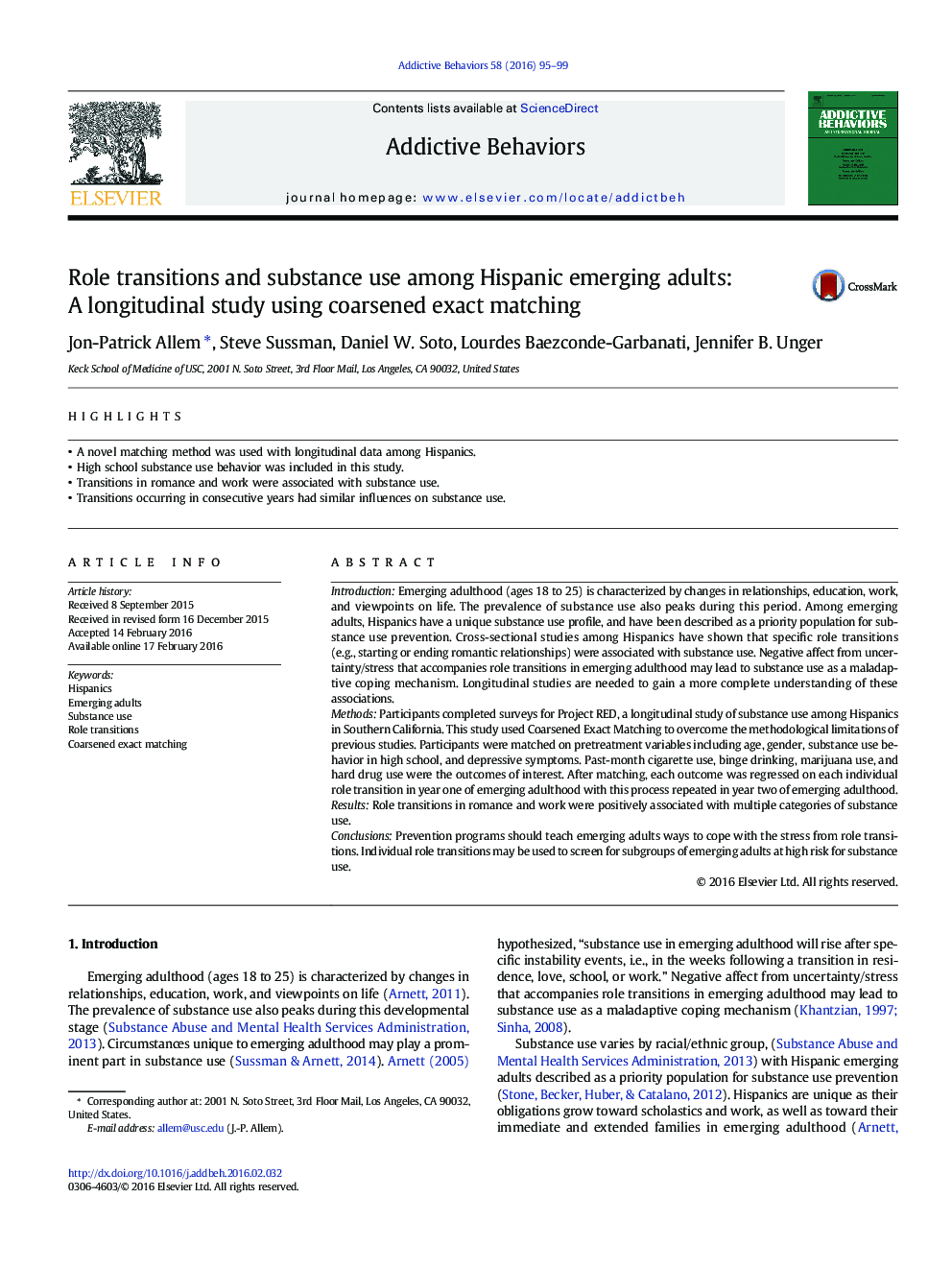 Role transitions and substance use among Hispanic emerging adults: A longitudinal study using coarsened exact matching