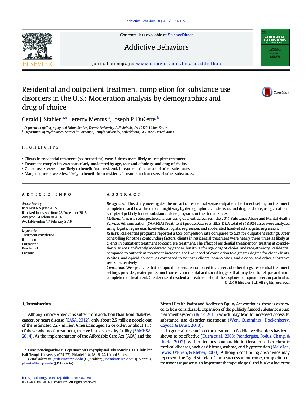 Residential and outpatient treatment completion for substance use disorders in the U.S.: Moderation analysis by demographics and drug of choice