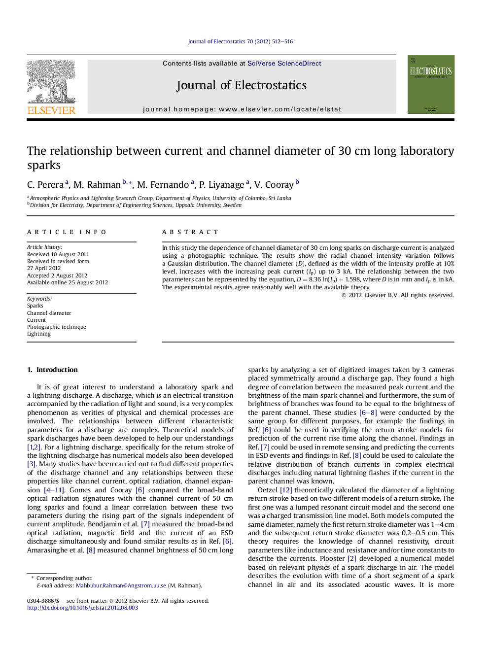 The relationship between current and channel diameter of 30 cm long laboratory sparks