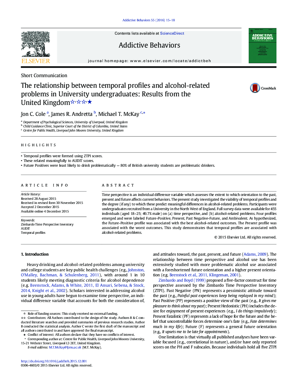 The relationship between temporal profiles and alcohol-related problems in University undergraduates: Results from the United Kingdom