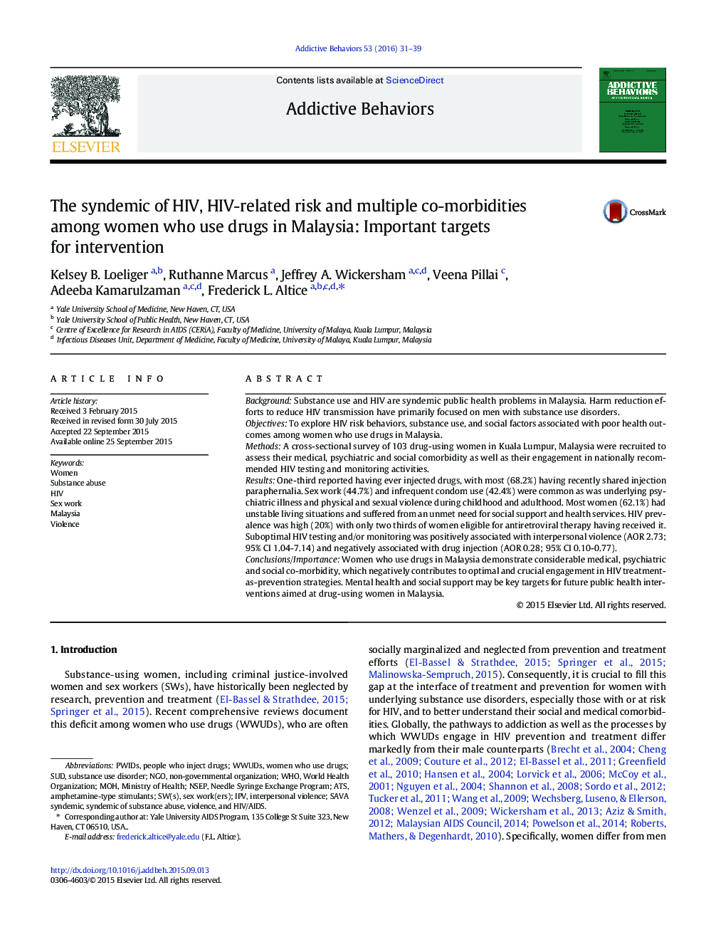 The syndemic of HIV, HIV-related risk and multiple co-morbidities among women who use drugs in Malaysia: Important targets for intervention
