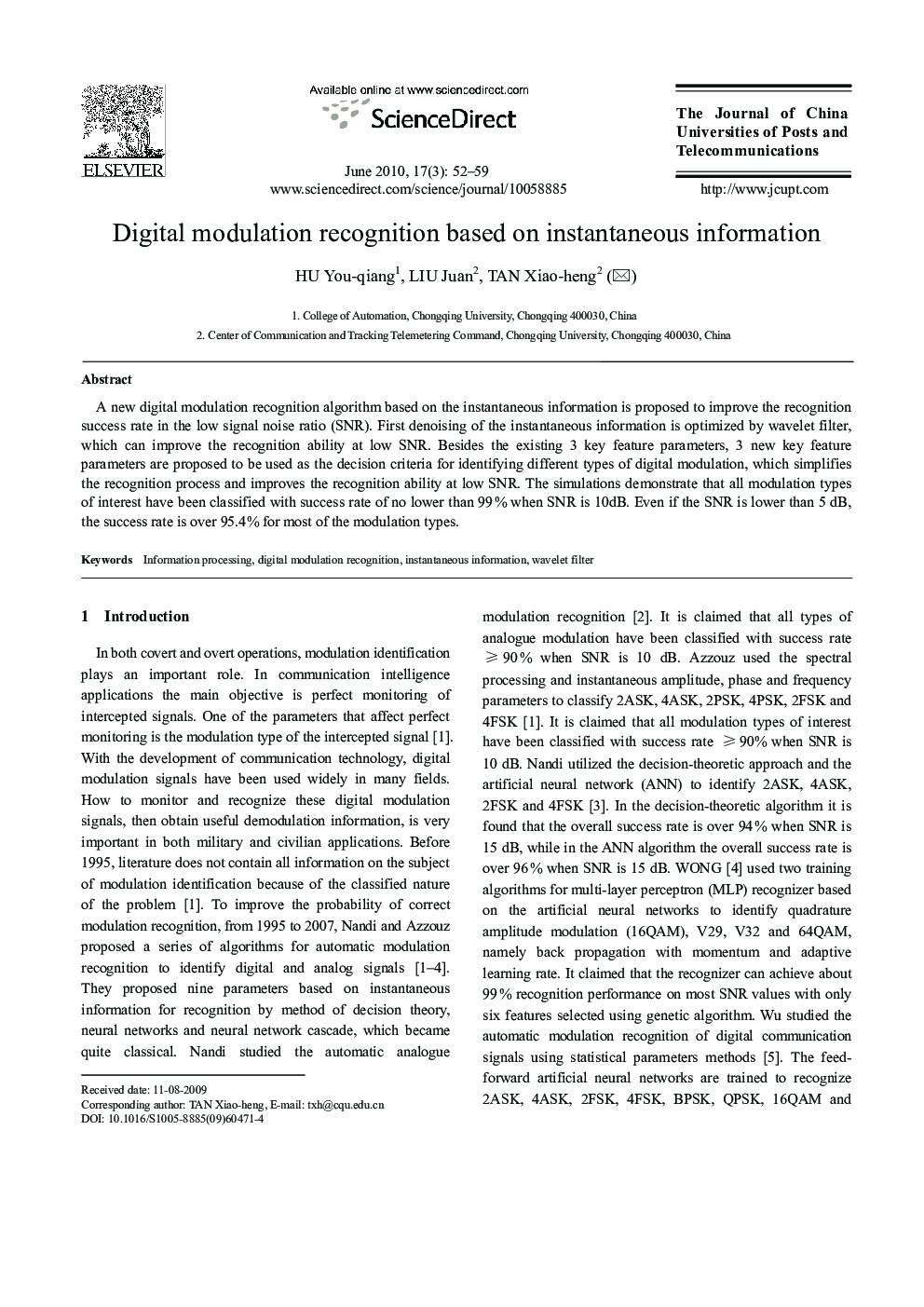 Digital modulation recognition based on instantaneous information