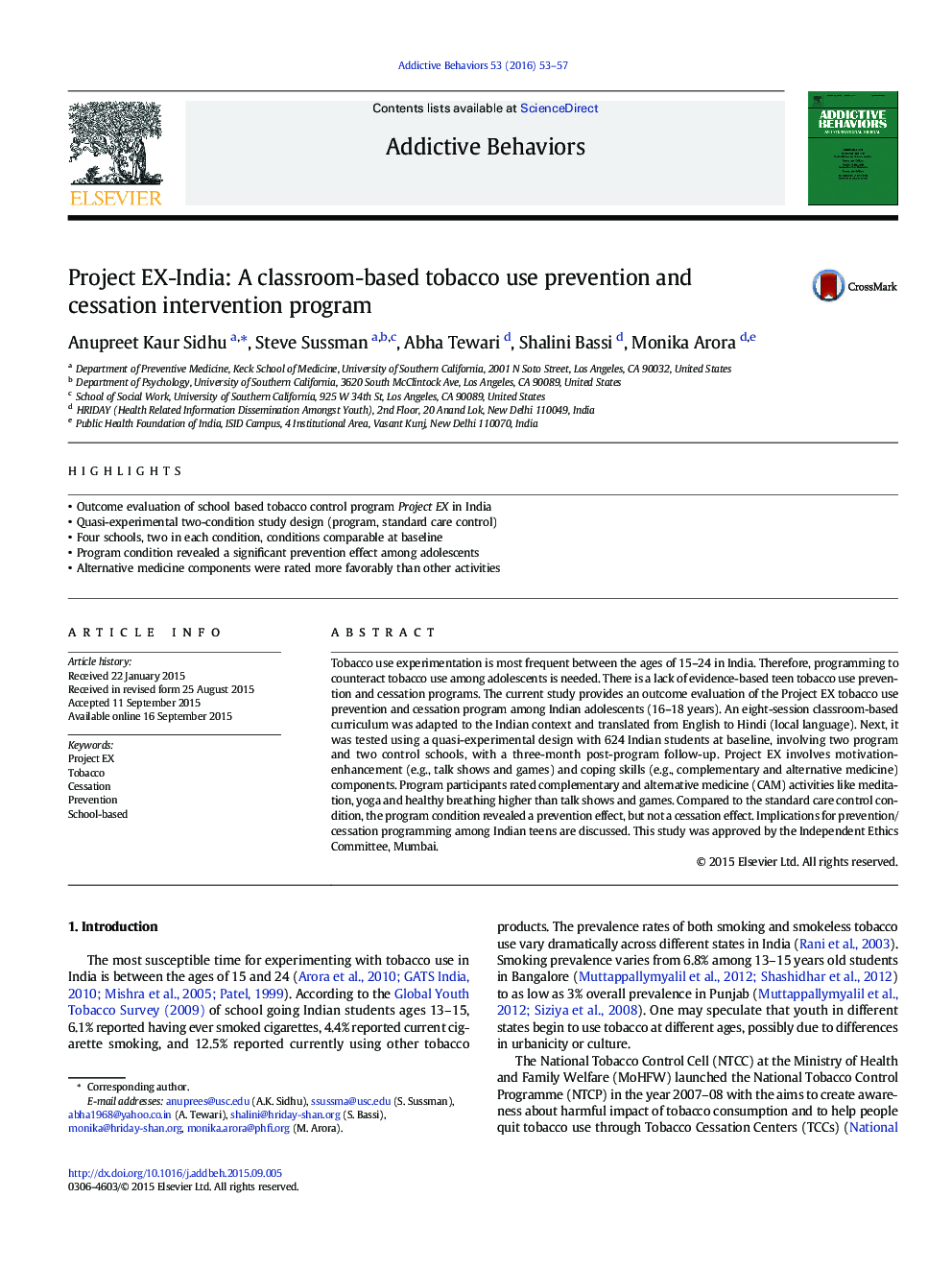 Project EX-India: A classroom-based tobacco use prevention and cessation intervention program