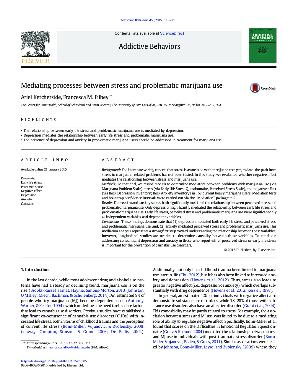 Mediating processes between stress and problematic marijuana use