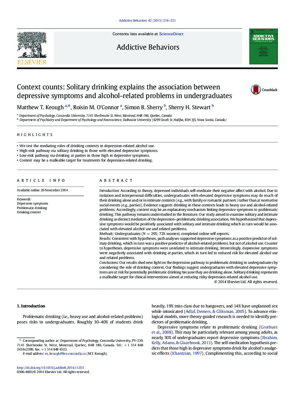 Context counts: Solitary drinking explains the association between depressive symptoms and alcohol-related problems in undergraduates