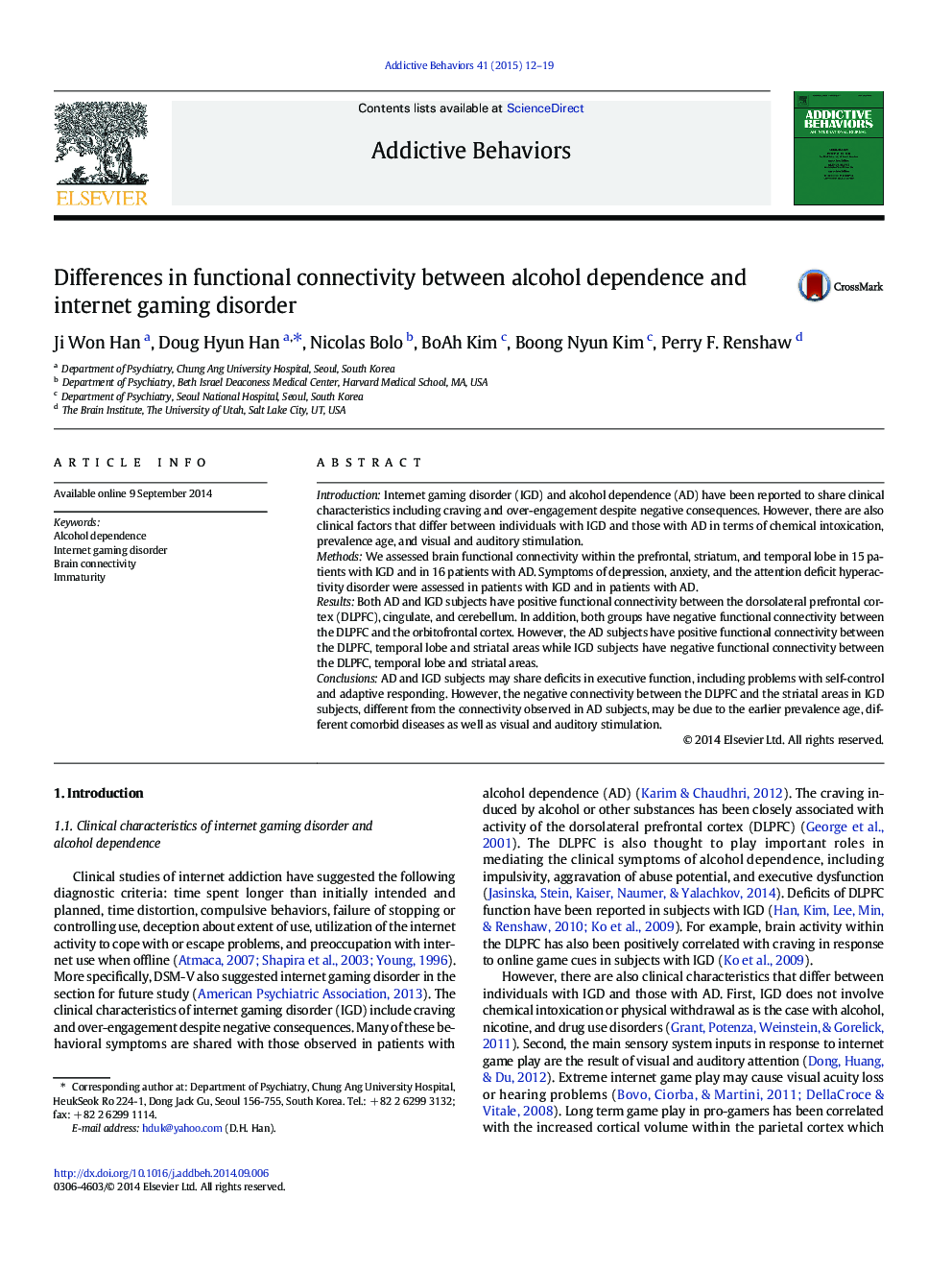 Differences in functional connectivity between alcohol dependence and internet gaming disorder