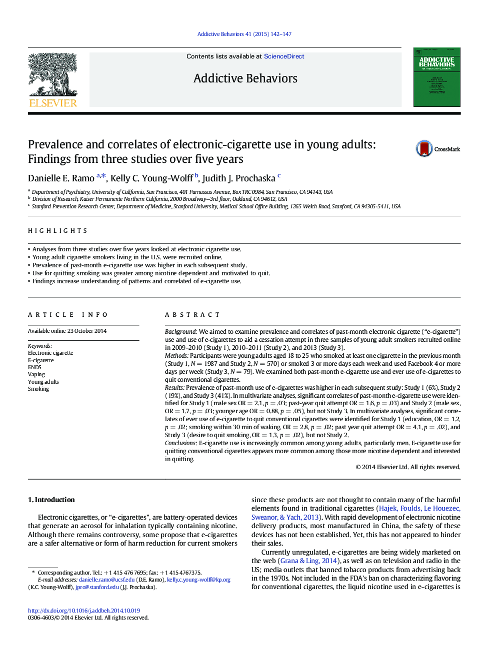 Prevalence and correlates of electronic-cigarette use in young adults: Findings from three studies over five years