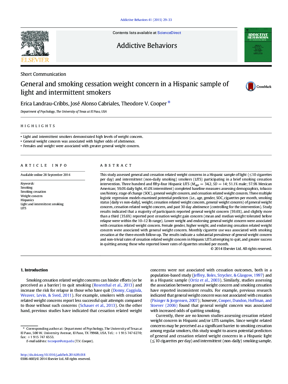 General and smoking cessation weight concern in a Hispanic sample of light and intermittent smokers