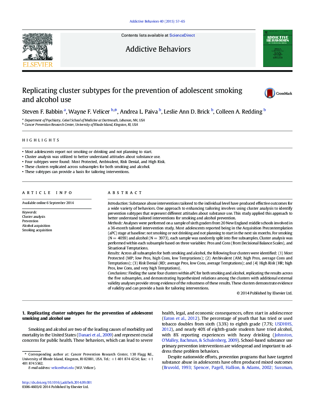 Replicating cluster subtypes for the prevention of adolescent smoking and alcohol use