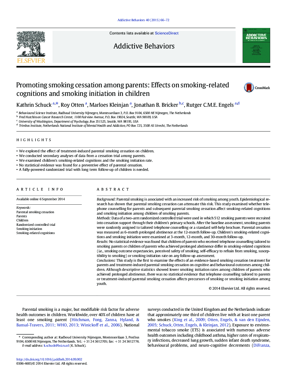 Promoting smoking cessation among parents: Effects on smoking-related cognitions and smoking initiation in children