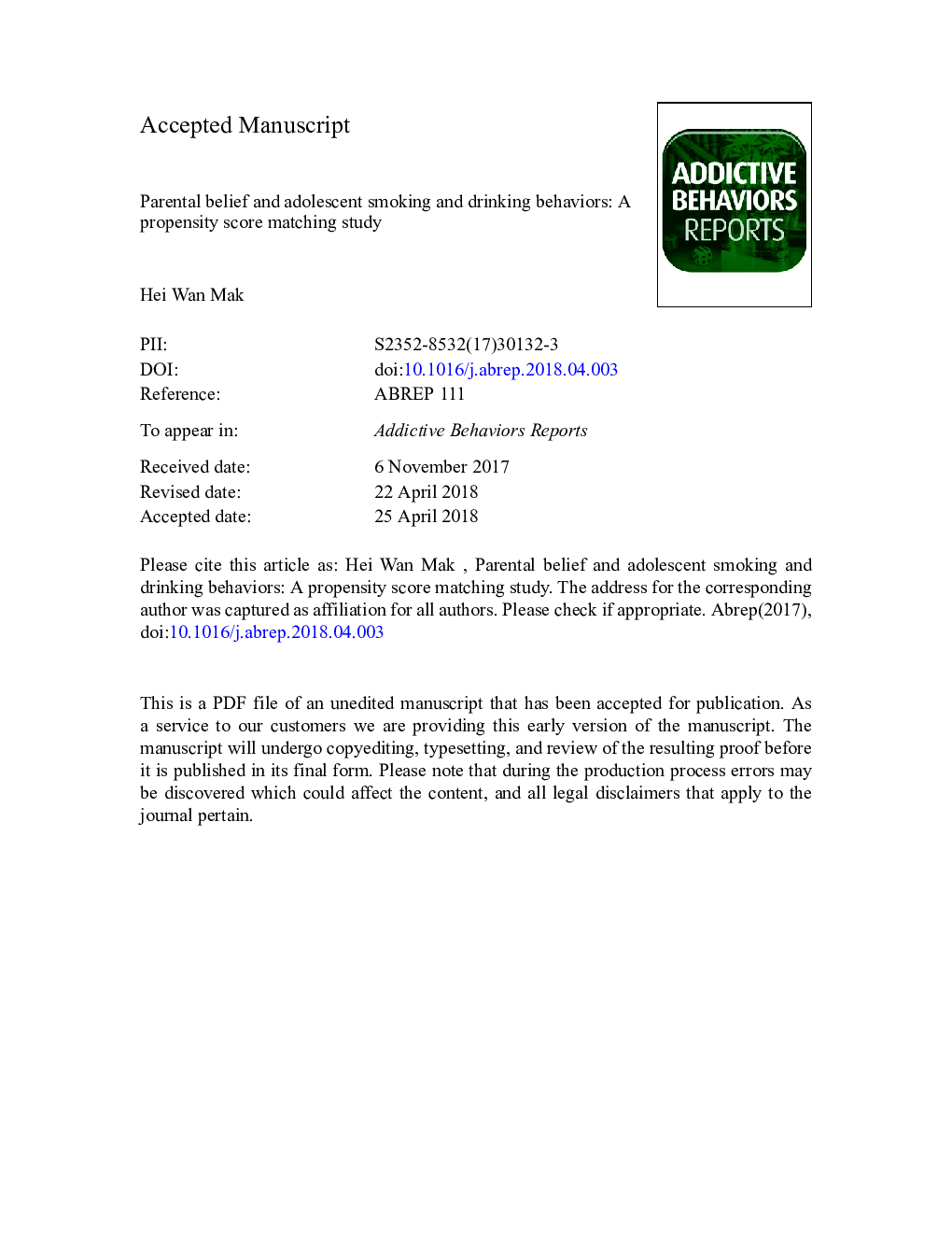 Parental belief and adolescent smoking and drinking behaviors: A propensity score matching study