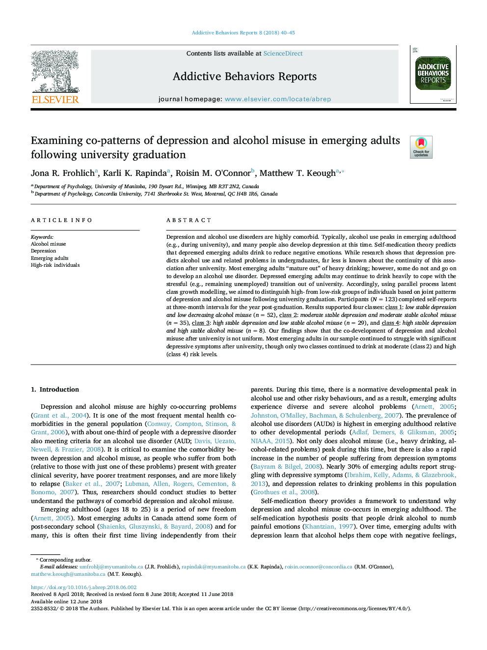 Examining co-patterns of depression and alcohol misuse in emerging adults following university graduation