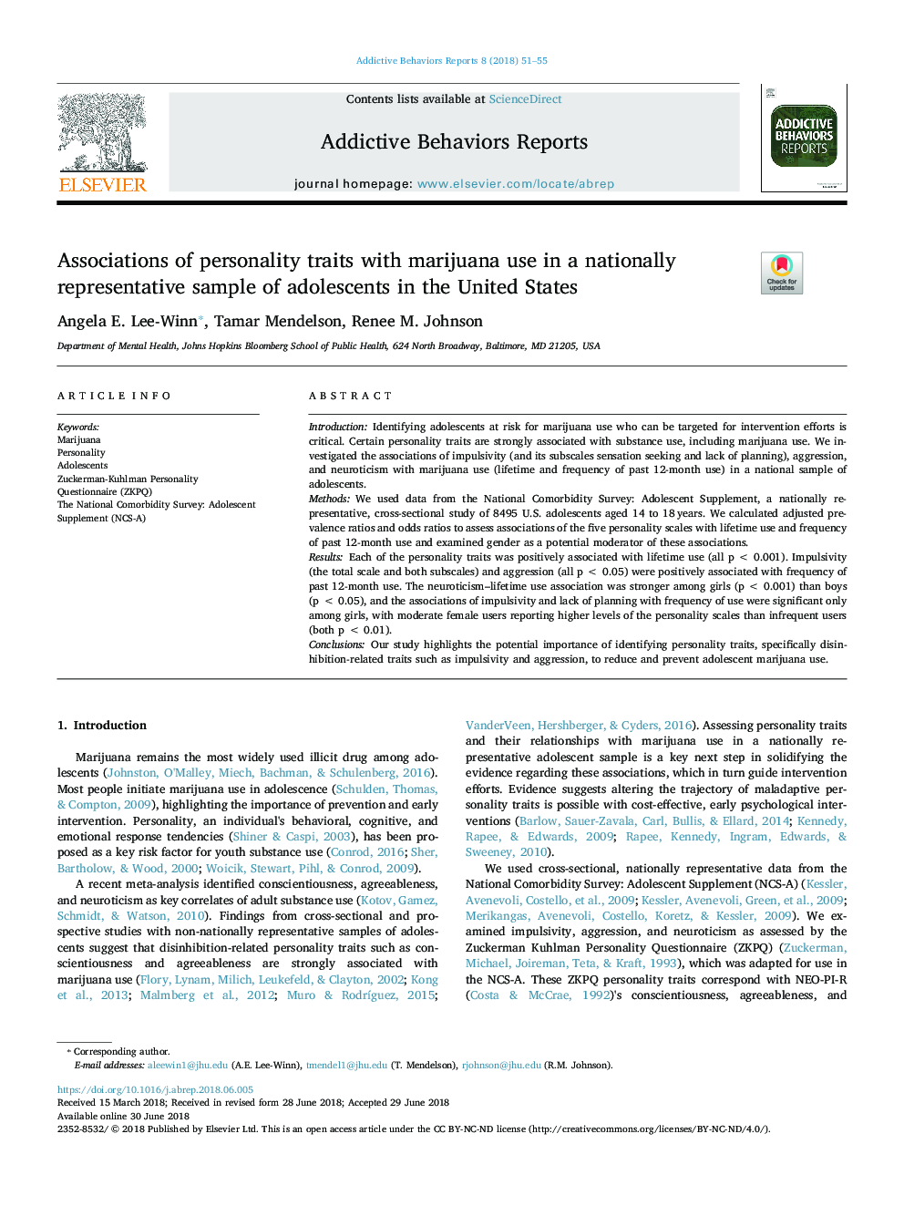 Associations of personality traits with marijuana use in a nationally representative sample of adolescents in the United States