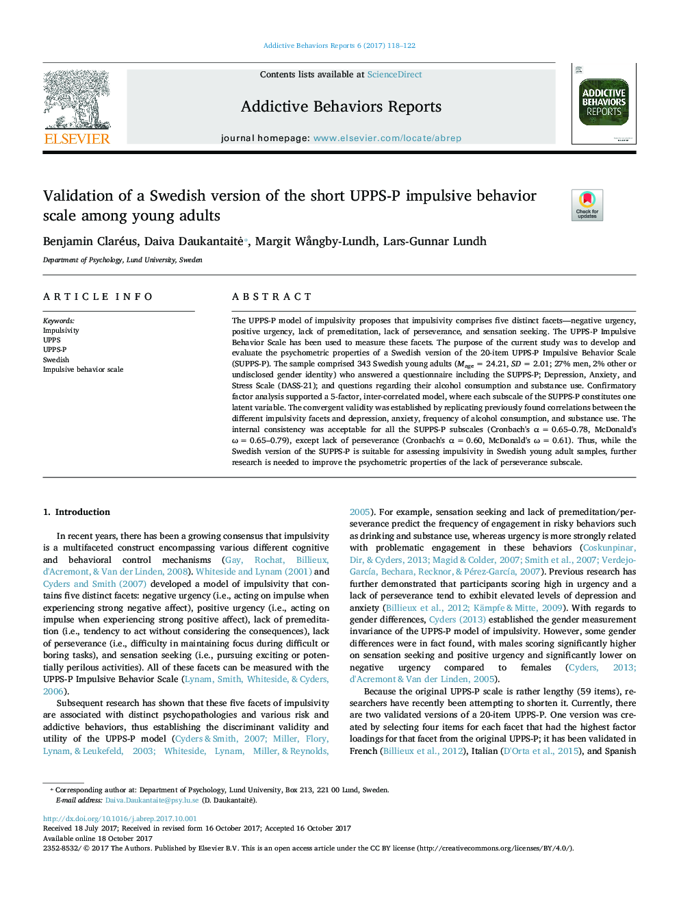 Validation of a Swedish version of the short UPPS-P impulsive behavior scale among young adults