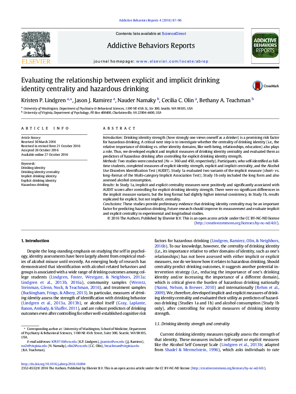 Evaluating the relationship between explicit and implicit drinking identity centrality and hazardous drinking