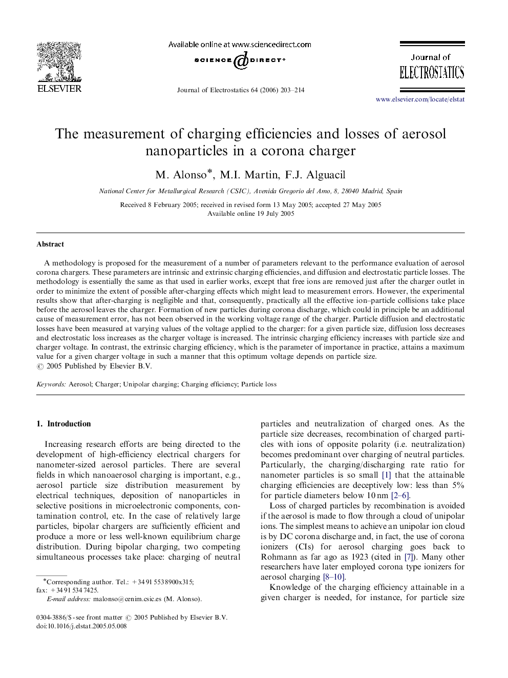 The measurement of charging efficiencies and losses of aerosol nanoparticles in a corona charger