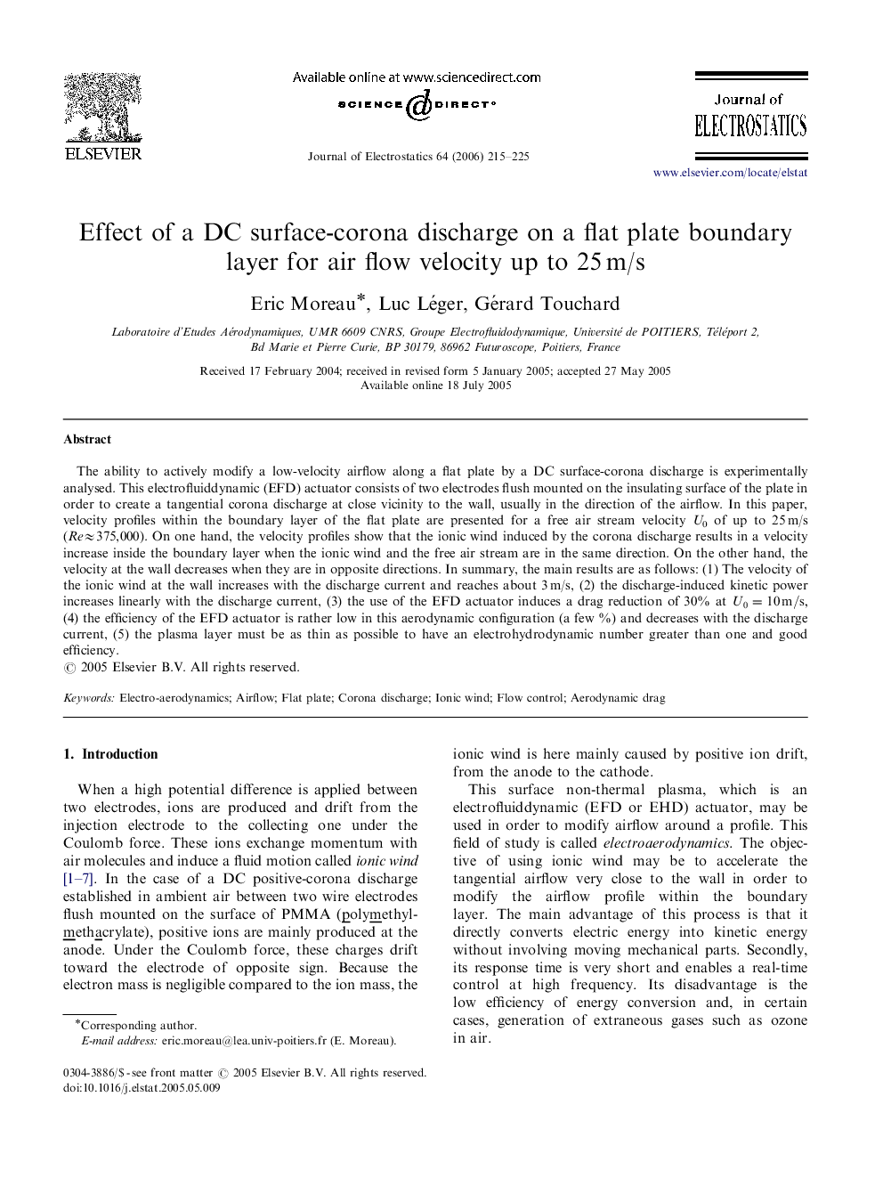 Effect of a DC surface-corona discharge on a flat plate boundary layer for air flow velocity up to 25 m/s