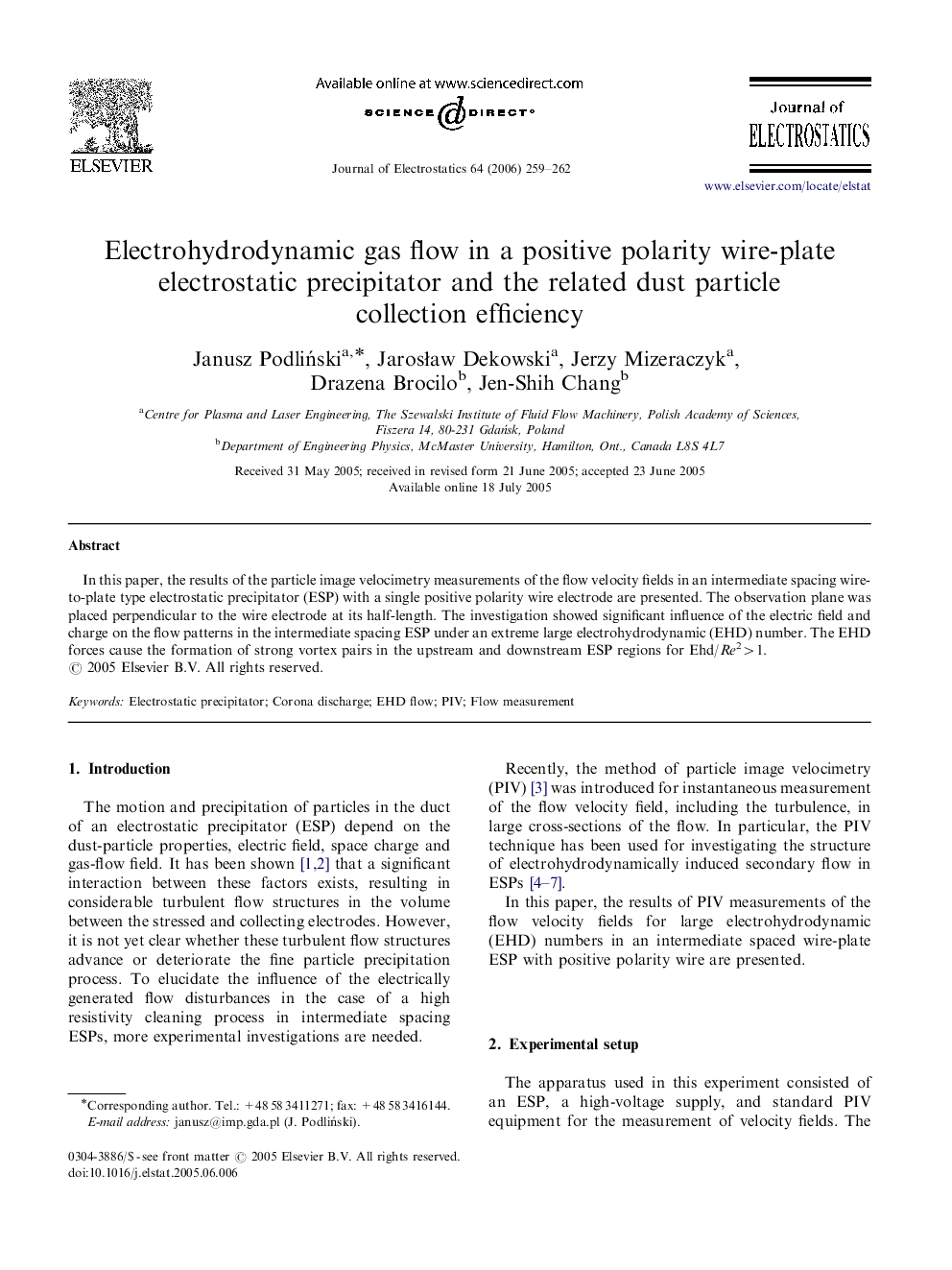 Electrohydrodynamic gas flow in a positive polarity wire-plate electrostatic precipitator and the related dust particle collection efficiency