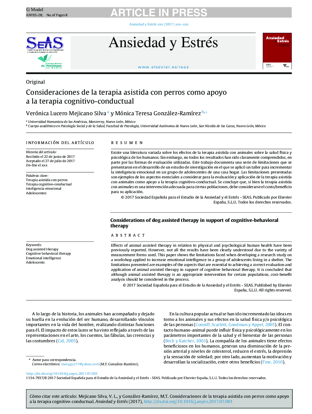 Consideraciones de la terapia asistida con perros como apoyo a la terapia cognitivo-conductual