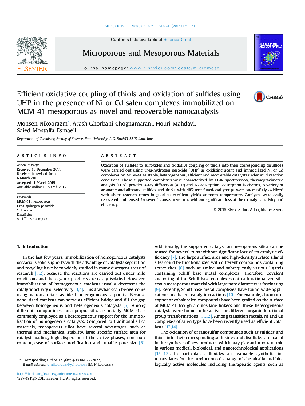 Efficient oxidative coupling of thiols and oxidation of sulfides using UHP in the presence of Ni or Cd salen complexes immobilized on MCM-41 mesoporous as novel and recoverable nanocatalysts