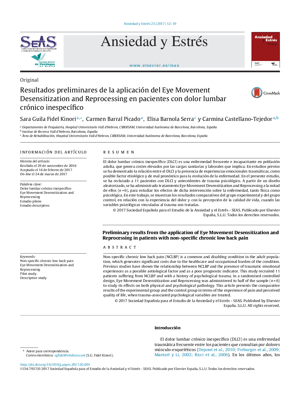 Resultados preliminares de la aplicación del Eye Movement Desensitization and Reprocessing en pacientes con dolor lumbar crónico inespecÃ­fico